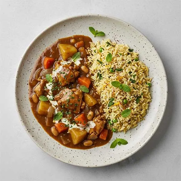 Japanese chicken navy curry with minted pilaf